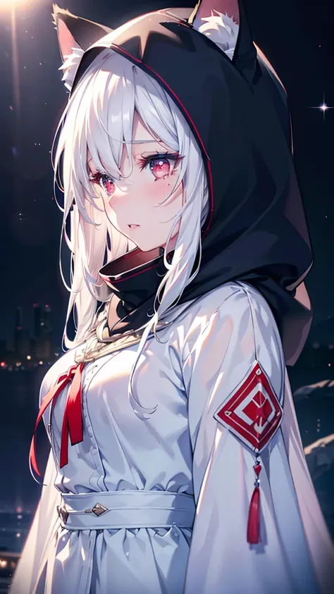 a girl with red eyes, blushing cheeks, cat ears, side profile view, looking down, simple background, very long hair, white hair, crying expression, wearing a white dress, anime style, sparkle effect, hood, hood, hood, (best quality,4k,8k,highres,masterpiec...