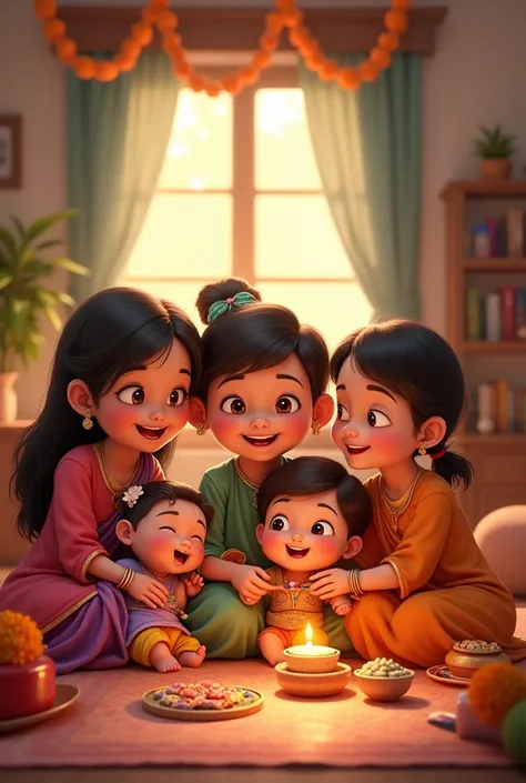 Creat animation verson of group of 8 brothers and sisters celebreating raksha Bandhan where 2 brothers are 6 months old and one is  another 2 are 15 and  one is  and one sister is 10 years old and another 2 are 20 and 21 years old 