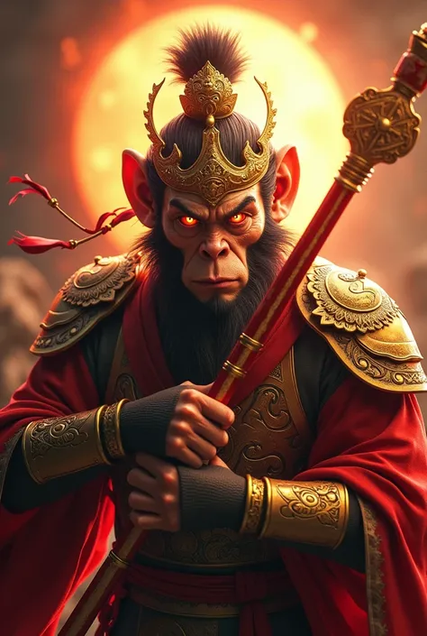 Sun Wukong bard, 3D style face, fierce eyes, holding a golden and red long stick in his hand, wearing Chinese ancient costume armor,epic scene, dark fantasy style, holographic light and shadow, holographic halo, rich background,photo realistic photo , Hype...