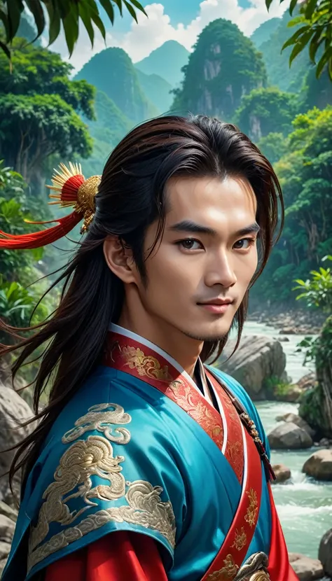 Character Lenh Ho Xung, work Tieu Ngao Giang Ho by Kim Dung, China, ancient swordplay film. handsome young man, long hair, brown skin, very handsome makeup, hair with spiritual accessories, wearing ancient Chinese costumes of blue and red brocade in many c...