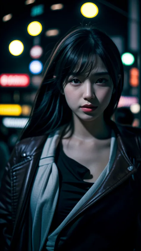 1girl, Tokyo street,night, cityscape,city lights, upper body,close-up, 8k, RAW photo, best quality, masterpiece,realistic, photo-realistic,