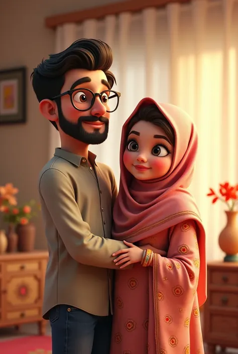 bangali muslim girl with glass square fare skin tone 23 years old small face little big lips sharp nose.modest cloth.with her husband who has beard chubby face fare skintone and wear glass.3d animated