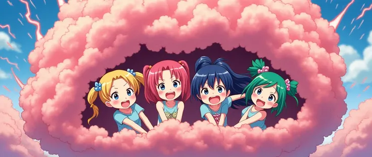 An anime-style illustration depicting four girls and adult woman playfully wrestling with each other inside a pink comical fight cloud (thunder cloud).
each girl has different  colored hair: one with blonde braided,another  with pink ponytaile,and one with...