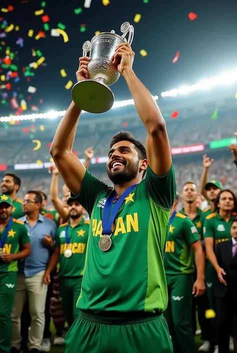 Babar Azam Pakistani captain is lifting icc champion trophy 