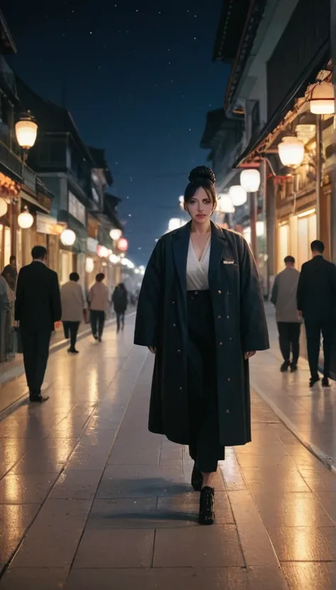 A Beautiful woman, giant breast, japan black big bun hairdo, coat, walking through sea of human, night, light lamp, crowded, photoshoot, beautiful face