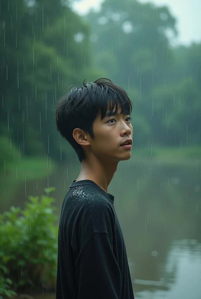 (skinny Japanese boy, 19 years old), surprised expression, not looking at the camera, standing beside a mekong river, gentle rain falling, lush green trees blurred in the background, serene and tranquil atmosphere, dark cool tones enhancing the rainy mood,...