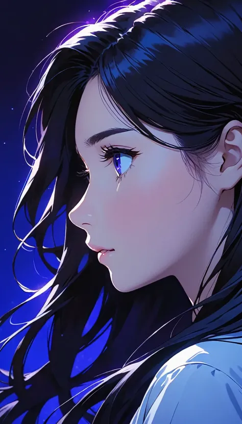 anime girl with long hair, staring off into the distance blue light and dark purple background, 1girl, solo, profile, long hair, black hair