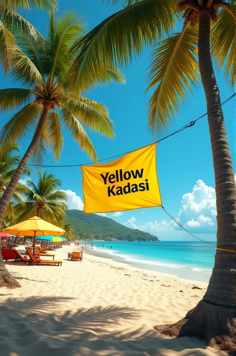 Yellow Team Island an incredible beach a tropical forest and a banner with Yellow Kadasi written on it