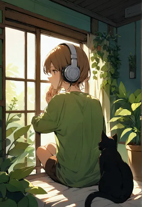 A calming brown and green room、Back view of a person wearing headphones、Listening to music and looking out the window、The sun shines through the window、The black cat is sitting next to me、Foliage plant、Barely