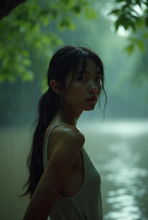 (skinny beautiful asian female, 19 years old), surprised expression, not looking at the camera, standing beside a mekong river, gentle rain falling, lush green trees blurred in the background, serene and tranquil atmosphere, dark cool tones enhancing the r...