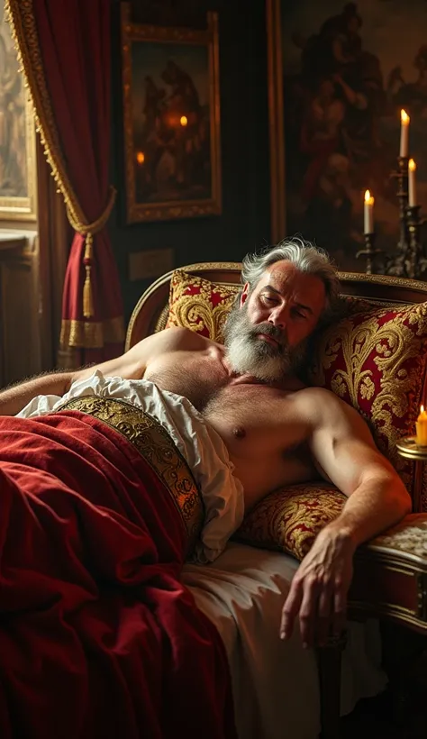 illustrates a 50 year old king bare-chested sleeping in bed 