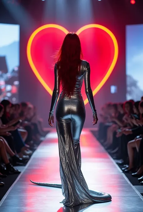 Red-haired snake woman,with shiny silver clothes,in a show with big screens and a big neon red heart structure with a catwalk