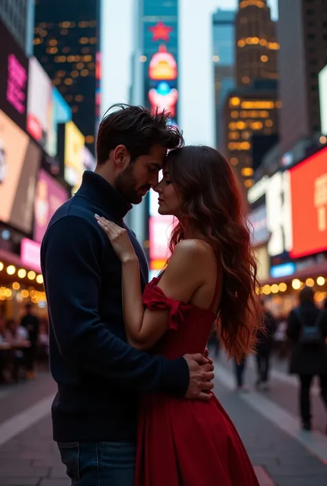 Couple is hugging in the city