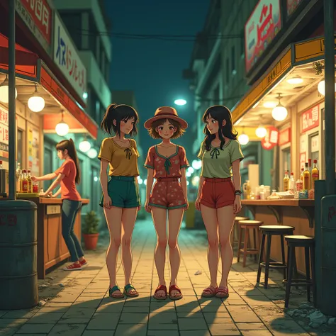 
((masterpiece、Highest quality))、Beautiful girls gather.、Three girls in summer clothes、clothes、(Showa Retro:1.2)、(Detailed and cute face:1.3)、(Poor conditions、Japans poor neighborhoods、Dim and unsanitary、Standing Bar、みんなで楽しくdiet、Crumbling shopping mall)、屋台...