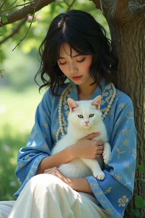 A young lady ,slightly curly hair, black hair, wearing a white trousers, blue and white designed tunic,a blue floral scarf, holding a white beautiful cat , sitting under a tree