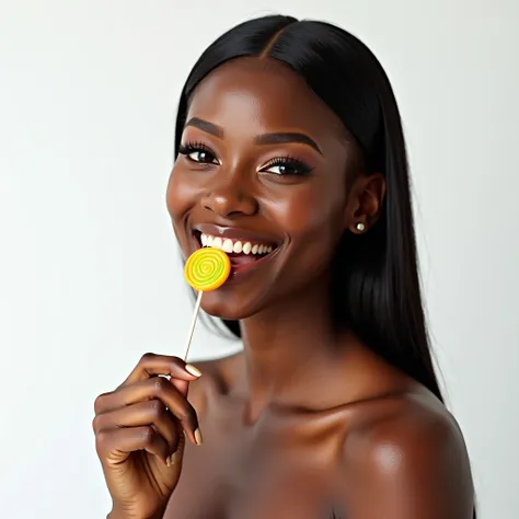 Sexy black model, smile, portrait, pose, lollipop, plain white background, studio shoot