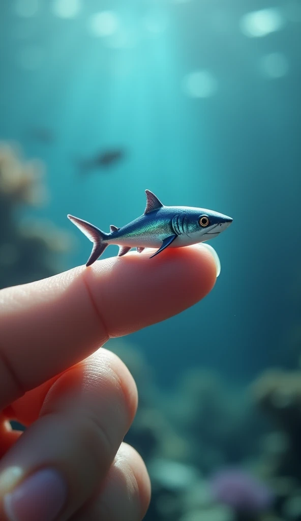 Photorealistic, 64k, A micro baby shark perched on a human perfect finger