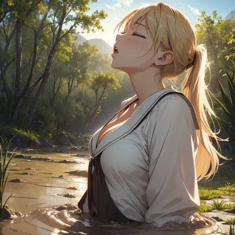 1girl, solo:1.5, masterpiece, best quality, high res, highly detailed, (illustration), beautiful detailed eyes, yuigahama yui, blonde hair ponytail, glossy lips, light makeup, orgasm, (looking up to the sky:1.5), (mouth open:1.2), intimate moment, school s...