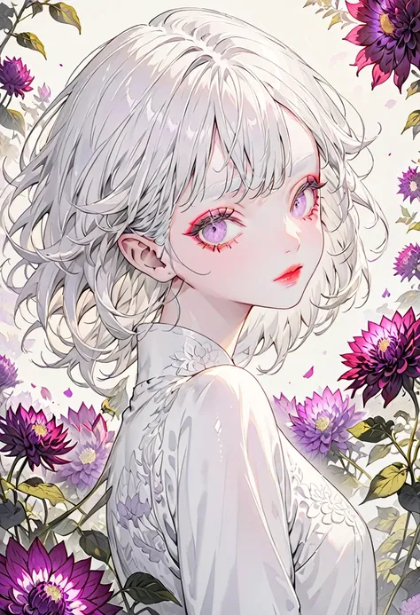 the background is purple dahlias，(highest quality,very detailed,high resolution:1.2),slim albino girl，very short white hair,gray...