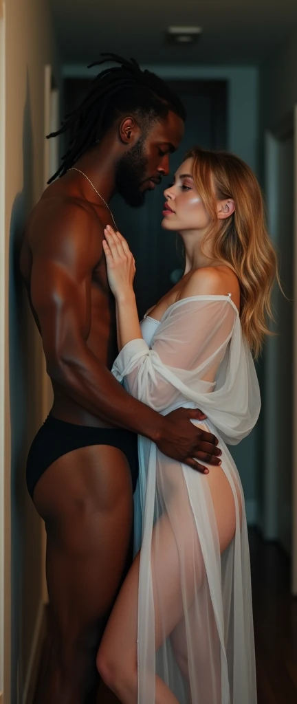 (Photorealsitic:1.4), (​masterpiece:1.3), (top-quality:1.4), ultrarealistic, HD 8k,
sexy well proportioned full body of 
((innocent and (sexy) little 25 years woman) and 
(tall (muscular) black man )), 
man lycra black thong, powerful jaw, detailed medium ...