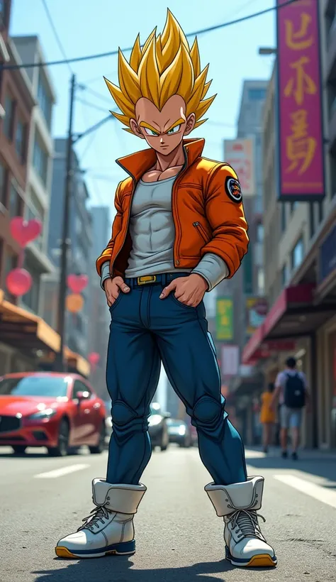 Vegeta, Dragon Ball Z, wearing a modern outfit, looking proud, 8k quality, very detailed, awesome pose, streets background, realistic