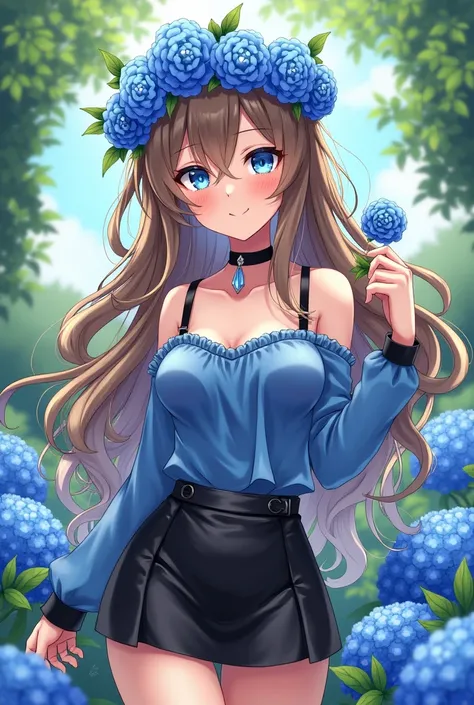 Long brown wavy hair with white highlights, ocean blue eyes, blue flower crown, blue off-shoulder with black straps, black short leather skirt, sitting in the garden having a blue flower in her hand, anime girl