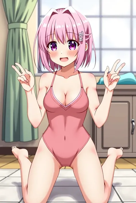 8k,Highest,quality,(highest quality:1.1), (masterpiece:1.4), (Confused:1.0), 
1 person, Deviluke Type, hair ornaments, Bobcut, Short Hair Pink Hair, Purple eyes, Center of chest,((School Swimsuit)), Her Room, (blush:1.2), smile,（Perfect Fingers）,Squat,Spre...