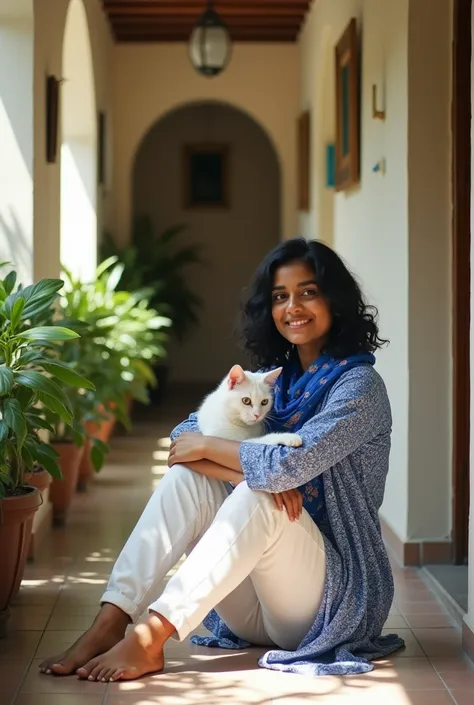 A young lady ,Indian ,slightly curly hair, black hair, wearing a white trousers, blue and white designed tunic,a blue floral scarf, holding a white beautiful cat , sitting in a small corridor 