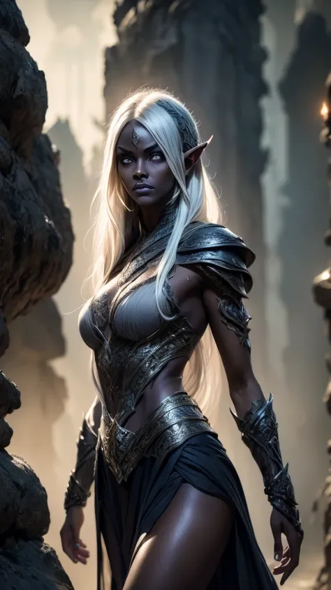 A beautiful dark elf warrior woman, drow, with dark grey skin and long white hair, intricate detailed facial features, porcelain skin, striking eyes, full lips, slender figure, ranger clothes, dramatic lighting, dramatic fantasy scene, dark moody atmospher...