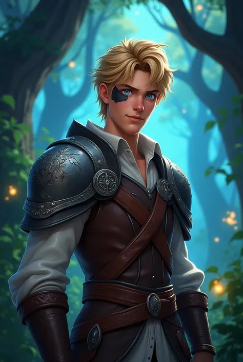 Medieval fantasy style animated, a young blond man with blue eyes with a black mark under his right eye