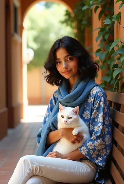 A young lady ,slightly curly hair, black hair, wearing a white trousers, blue and white designed tunic,a blue floral scarf, holding a white beautiful cat , sitting in a small corridor 