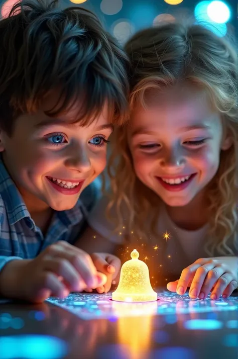 Image Prompt: Close-up of the boy and girl tapping on a bell icon with excitement