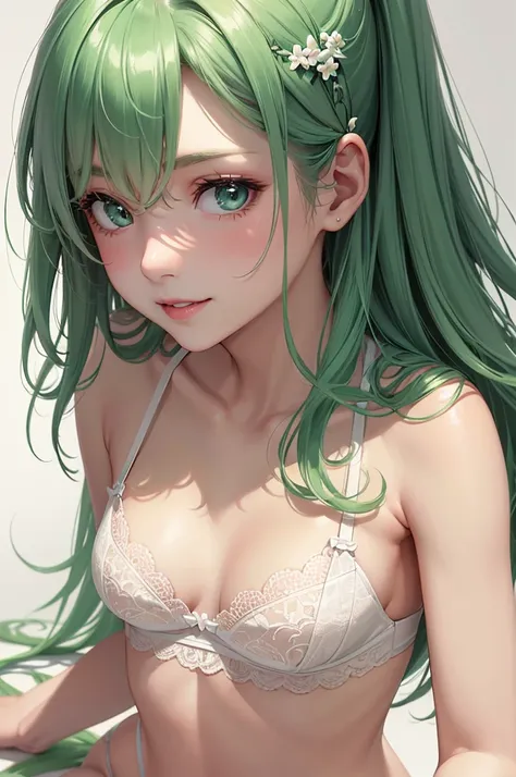 Best Quality,High resolution,8k,(plain white background, no patterns, no textures, just a plain white background:1.3),Masterpiece:1.2),beautiful girl,Big Breasts,(Shiny green hair:1.3),messy hair,Beautiful green eyes,A set of lingerie featuring intricate l...