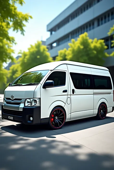 The image is a rendering of a white Toyota Hiace van. The van is parked in front of a modern building with a glass facade. The front of the van has a sleek and modern design with a large front grille and a curved roofline. The Toyota logo is prominently di...