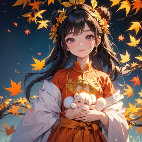 A chibi child girl had a small face and Wearing a white little Taoist priests outfit. A pair of big round eyes shone with curiosity about him. This child was so cute!, Burning joss paper and gold paper for the departed spirits, her hair is black with two b...