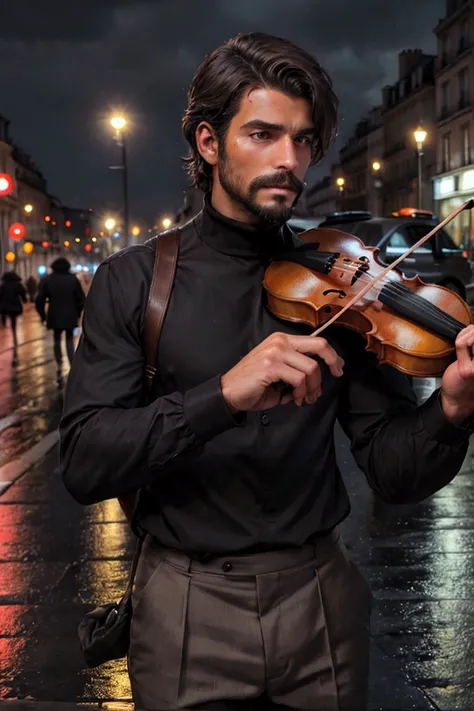 Top Quality, Masterpiece, Ultra High Resolution, close-up photo of a handsome man on the street, holding violin, on the night with pour rain, intricate detailes, has short, messy dark brown hair, amber-colored eyes, typical clothing like a street busker in...