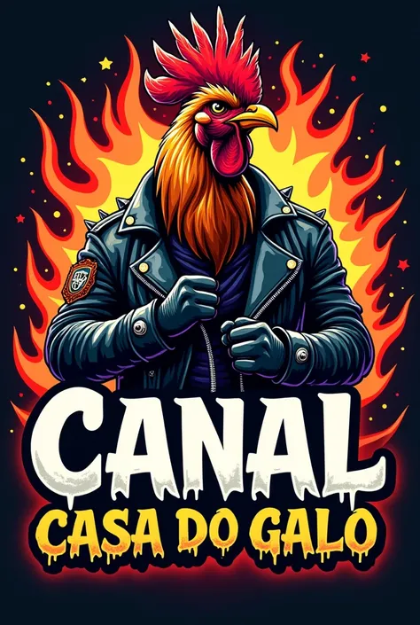 
a brand logo where we will have a strong avenging rooster with a rock outfit and we will have the name canal casa do galo in the logo