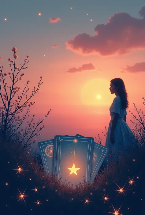 Against the backdrop of a pale evening sky、An illustration expressing the sadness and hope of unrequited love。In the center of the screen is、Tarot Cards『star』are arranged so that they stand out.、It symbolizes hope.。On one side、A silhouette of a person gazi...