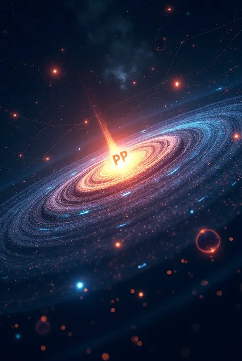 The Universe of Big Data, servers, data streams. Emblems and logos of major data processing and storage companies revolve around a star. On the star are the letters PP. Logo detailing. Equipment detailing. Each orbit is a network wire.