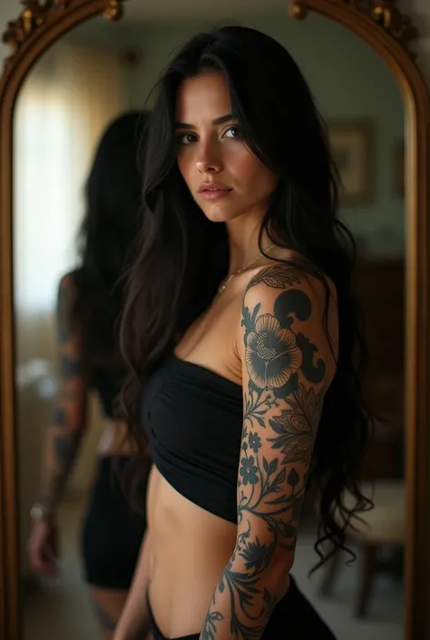 caucasian woman, Scrawny, with long black hair, Black and white flower tattoo on the arm, with large breasts and a large strapless top with a generous neckline, Taking a nude photo in front of the mirror  