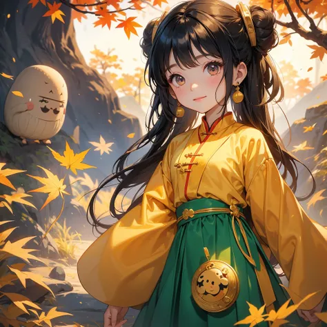 A chibi child girl had a small face and Wearing a green little Taoist priests outfit. A pair of big round eyes shone with curiosity about him. This child was so cute!, Burning joss paper and gold paper for the departed spirits, her hair is black with two b...