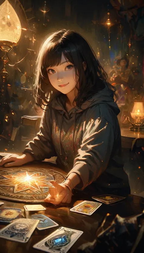 Impressionist painting, Realistic, A young Asian woman with a smile, wearing a hoodie,, fortune teller, tarot cards and crystals on a table., View your audience, mysterious, magic, Shine, Shineing, dark magic lighting, Sulky, Cinematic, Shine, Sparkling, d...