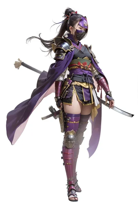 ((ninja)), masterpiece image, high resolution image, ((samurai style shoulder armor)), ((samurai style knee armor)), samurai style shin guard armor, ((purple cape))