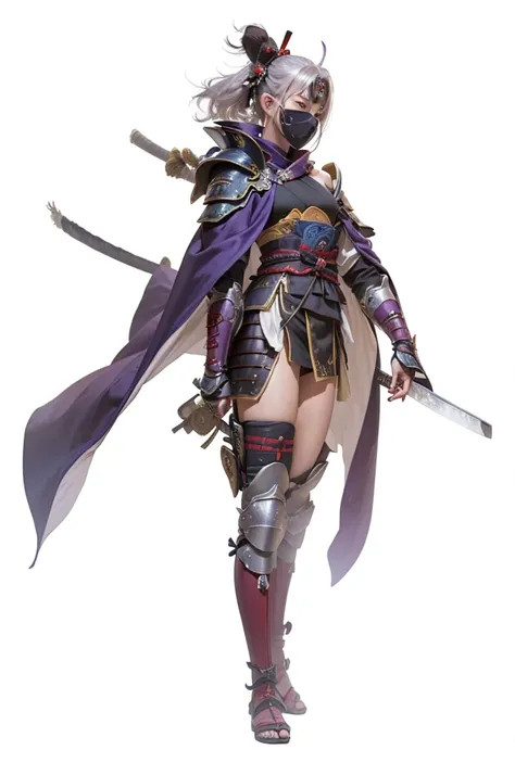 ((ninja)), masterpiece image, high resolution image, ((samurai style shoulder armor)), ((samurai style knee armor)), samurai style shin guard armor, ((purple cape))