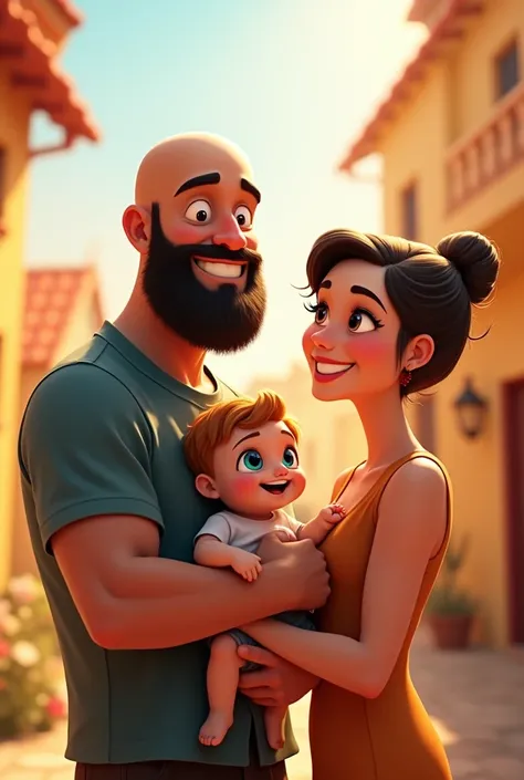 family of 3 people really happy, an adult couple and an 8-month-old baby. The father is in the center, he is the tallest, big and strong, shaved bald hair and has a medium black Viking-style beard, with light brown eyes and a big smile. The father is holdi...