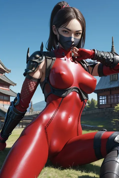 Excellent anatomy, masterpiece, Highest quality,Realistic, hyperRealistic, 16k hdr, like that, (Red bodysuit:1.2), Fishnet tights, Fingerless gloves, Arm guard, Shoulder Armor,Medium chest,Cleavage,Outdoor,Japanese old castle background,blue sky,Dynamic po...