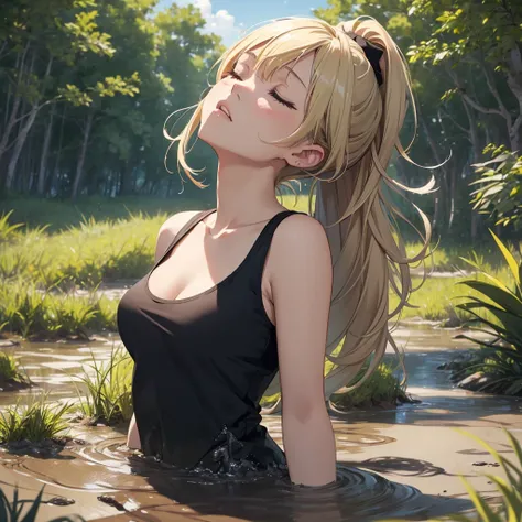 1girl, solo:1.5, masterpiece, best quality, high res, highly detailed, (illustration), beautiful detailed eyes, yuigahama yui, blonde hair ponytail, glossy lips, light makeup, orgasm, (looking up to the sky:1.5), (mouth open:1.2), intimate moment, black ta...