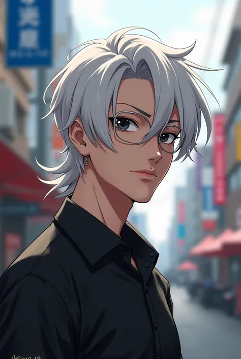 2d photo, white hair, two block mullet hairstyle, masculine, wearing metal-rimmed glasses, quiet, anime, black eyes, portrait, black shirt, youthful and dynamic