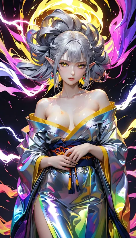 beautiful dark elf, silky silver hair, glossy yellow eyes, (attractive and seductive) and (amorous and lewd) expression, great body proportion, wearing open colorful Japanese Kimono, background tornado, iridescent lightning, conceptual installation art, (u...