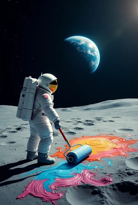 An astronaut with a paint roller, creating a large colorful mural on the lunar surface, with brushstrokes depicting terrestrial and galactic landscapes.